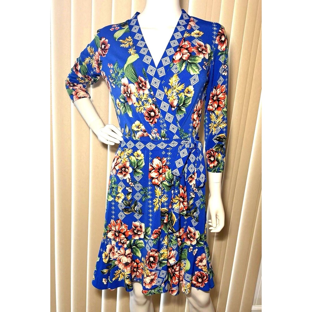 ECI New York Dress Small Royal Blue Floral Wrap Style Tie Waist Ruffle Hem